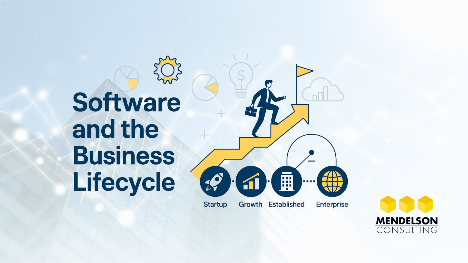 A modern vector-style illustration showing a business evolving from startup to enterprise, supported by software tools, charts, and data-driven growth indicators.
