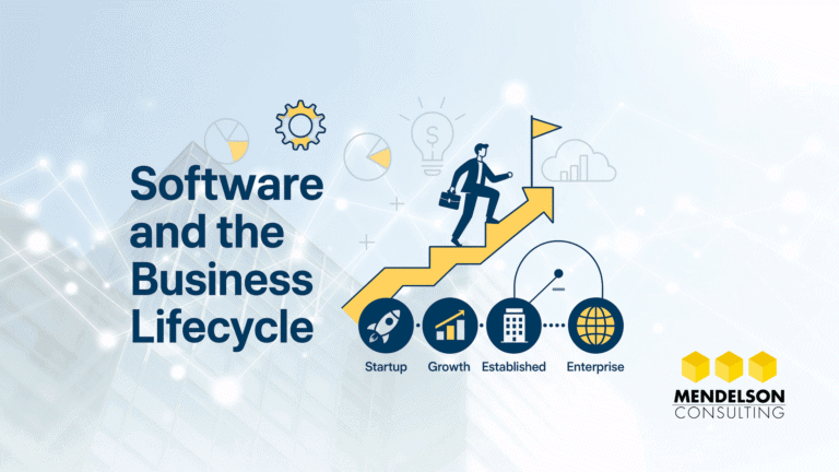 A modern vector-style illustration showing a business evolving from startup to enterprise, supported by software tools, charts, and data-driven growth indicators.