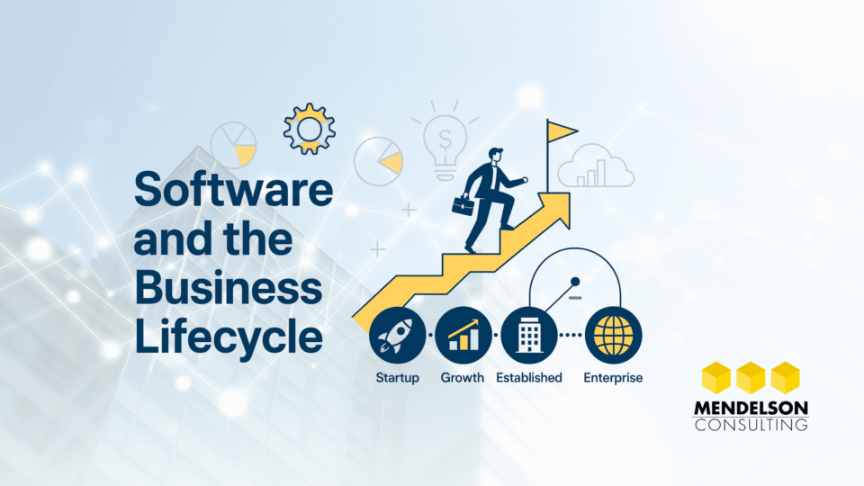 A modern vector-style illustration showing a business evolving from startup to enterprise, supported by software tools, charts, and data-driven growth indicators.